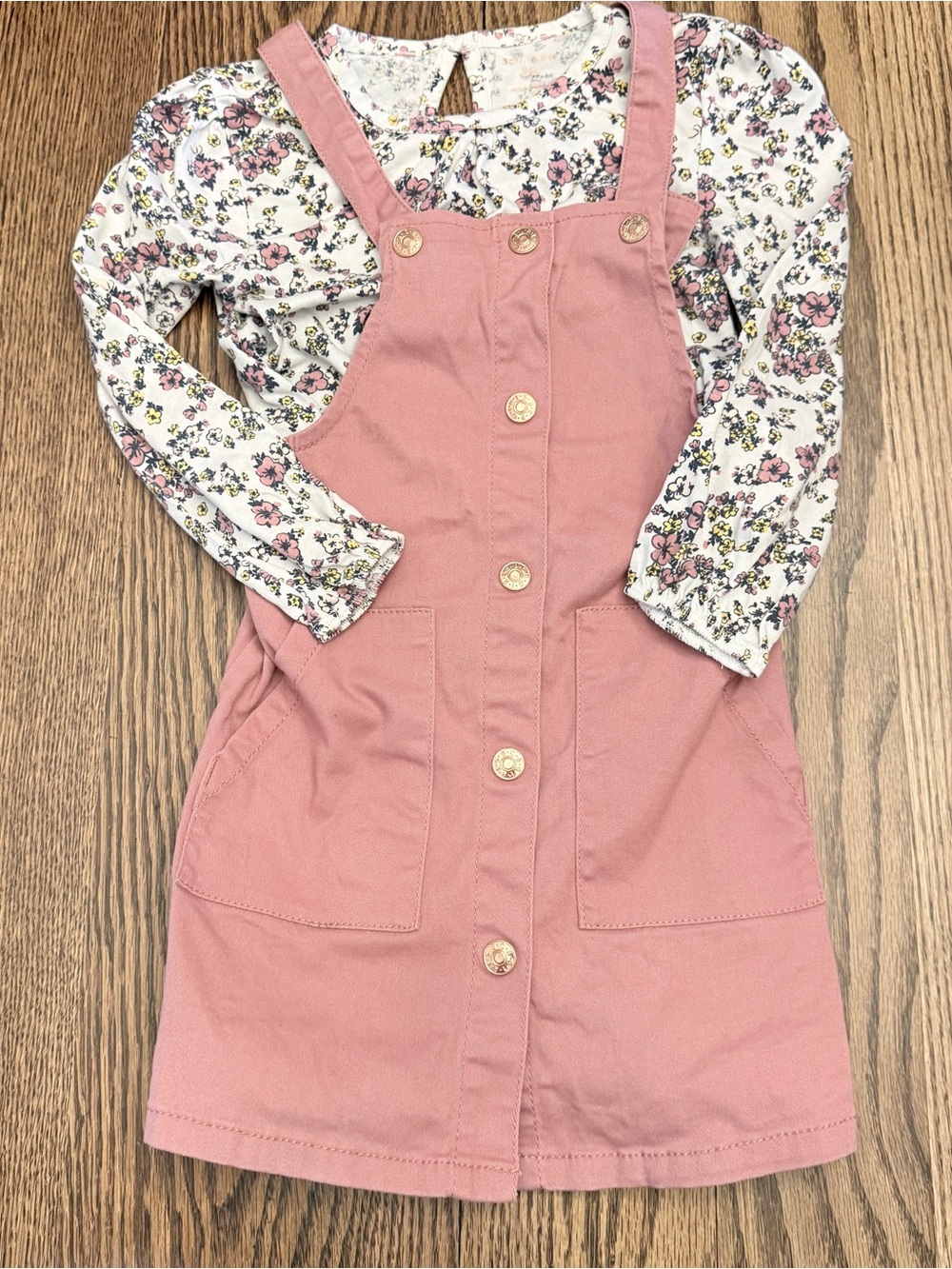 BCBG pink skirt overall & floral long sleeve set EUC Sz 5 TT